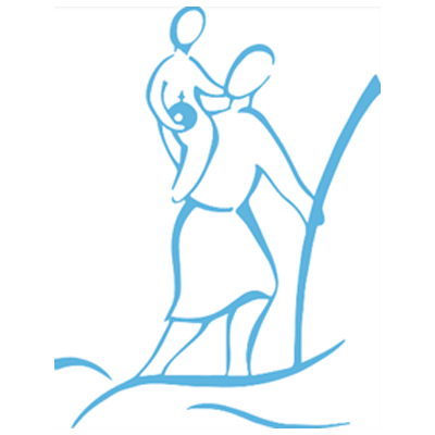 Zu sehen ist eine Strichzeichnung eines Menschen, der im Wasser steht und ein Kind auf den Schultern trägt